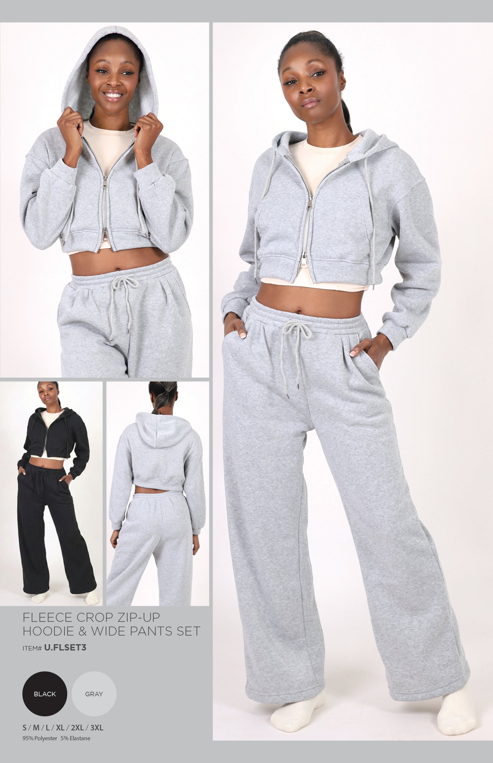 FLEECE CROPPED ZIP-UP HOODIE & WIDE PANTS SET