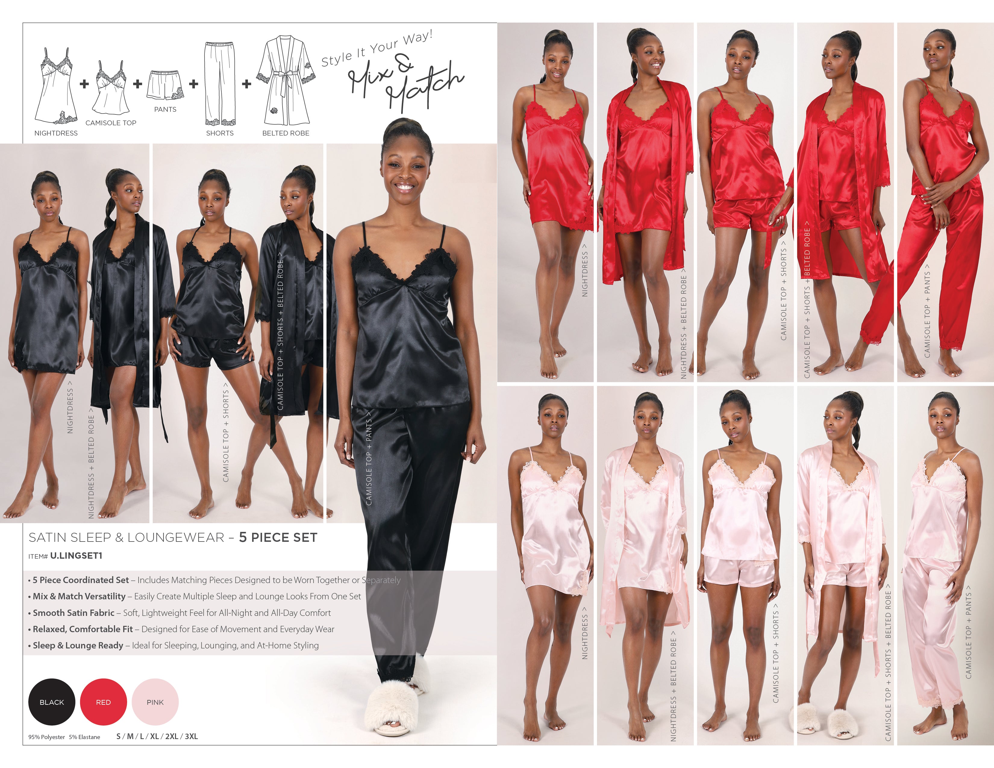 SATIN SLEEP & LOUNGEWEAR – 5 PIECE SET