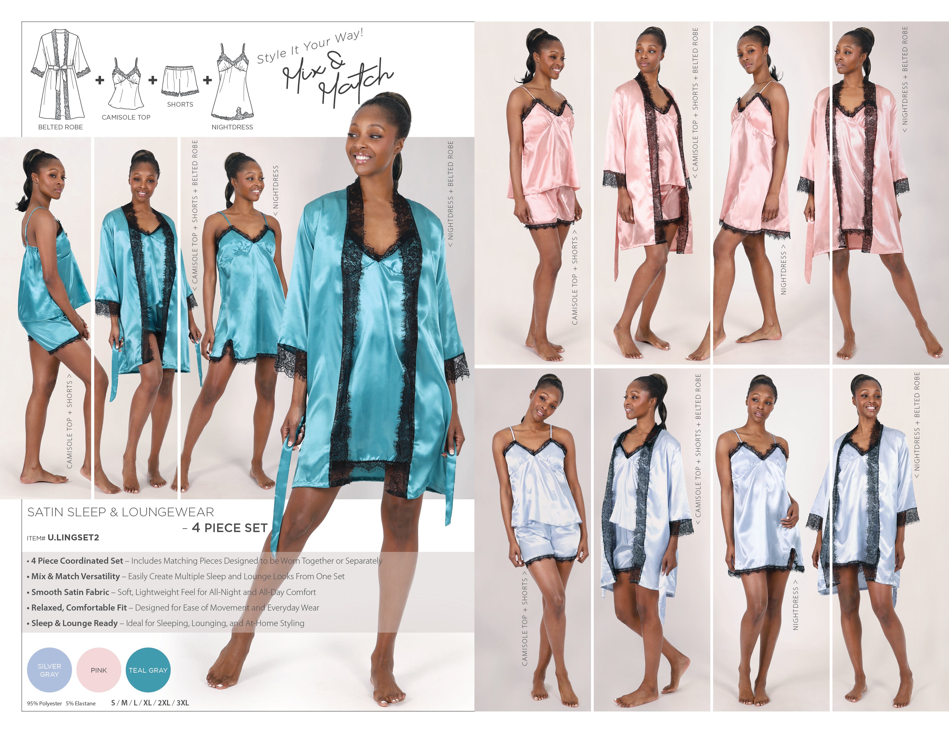 SATIN SLEEP & LOUNGEWEAR – 4 PIECE SET