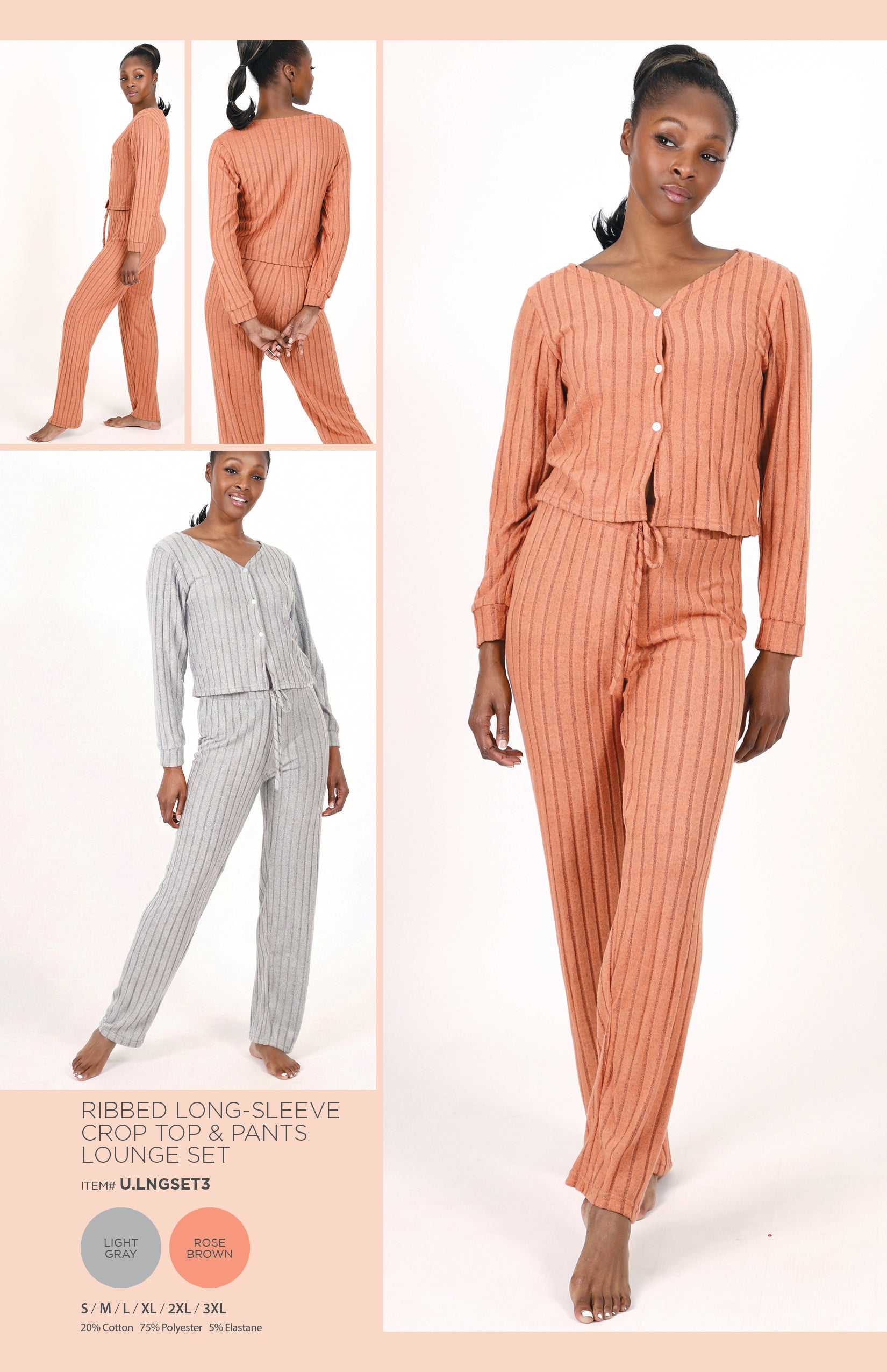 RIBBED LONG-SLEEVE CROP TOP & PANTS LOUNGE SET