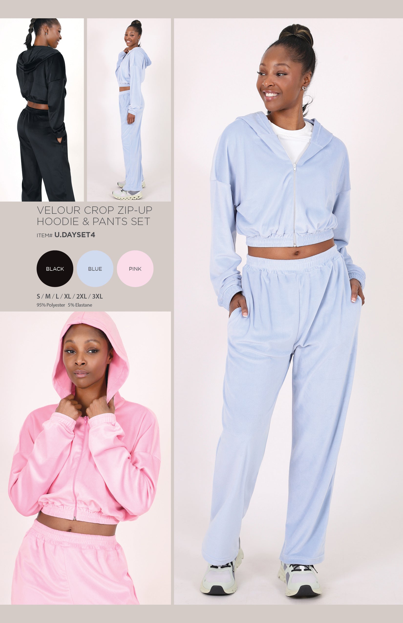 VELOUR CROPPED ZIP-UP HOODIE & PANTS SET