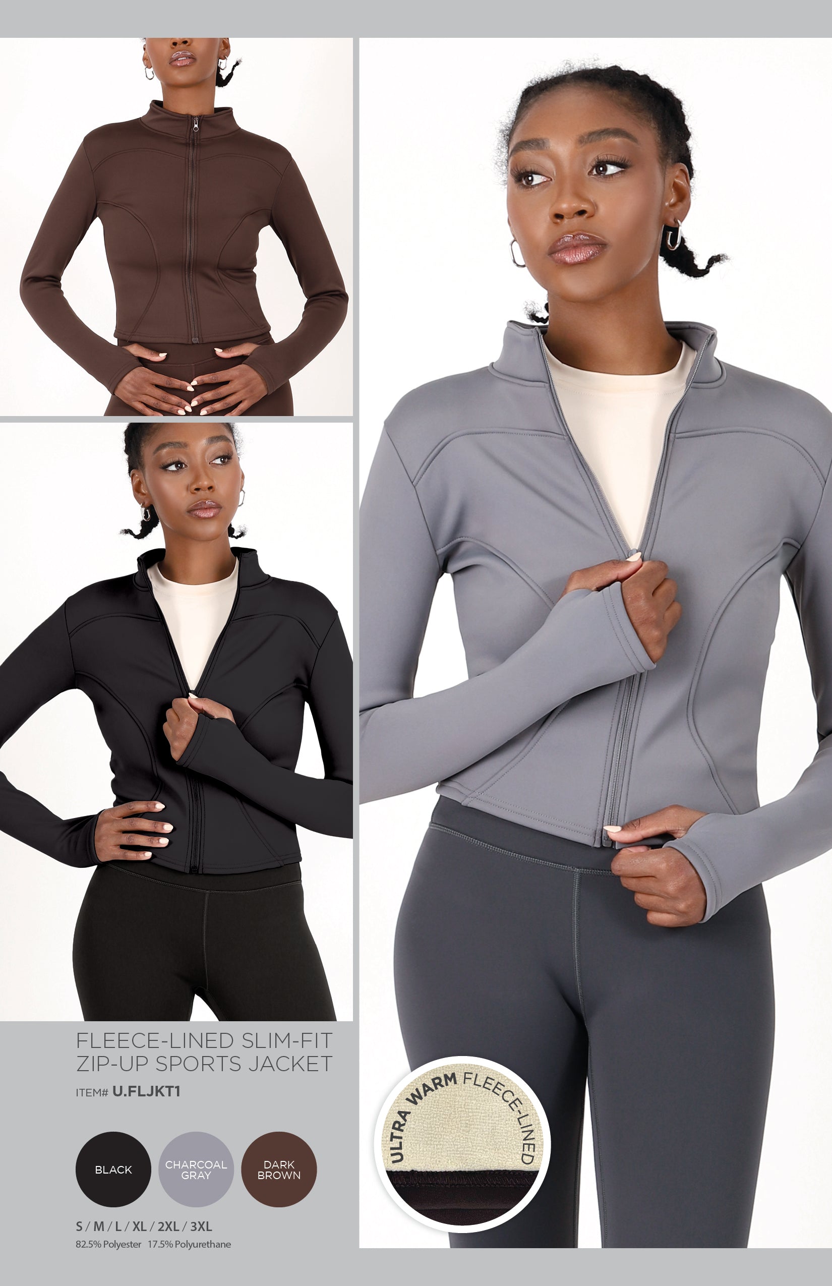 FLEECE-LINED SLIM-FIT ZIP-UP SPORTS JACKET   •ULTRA WARM