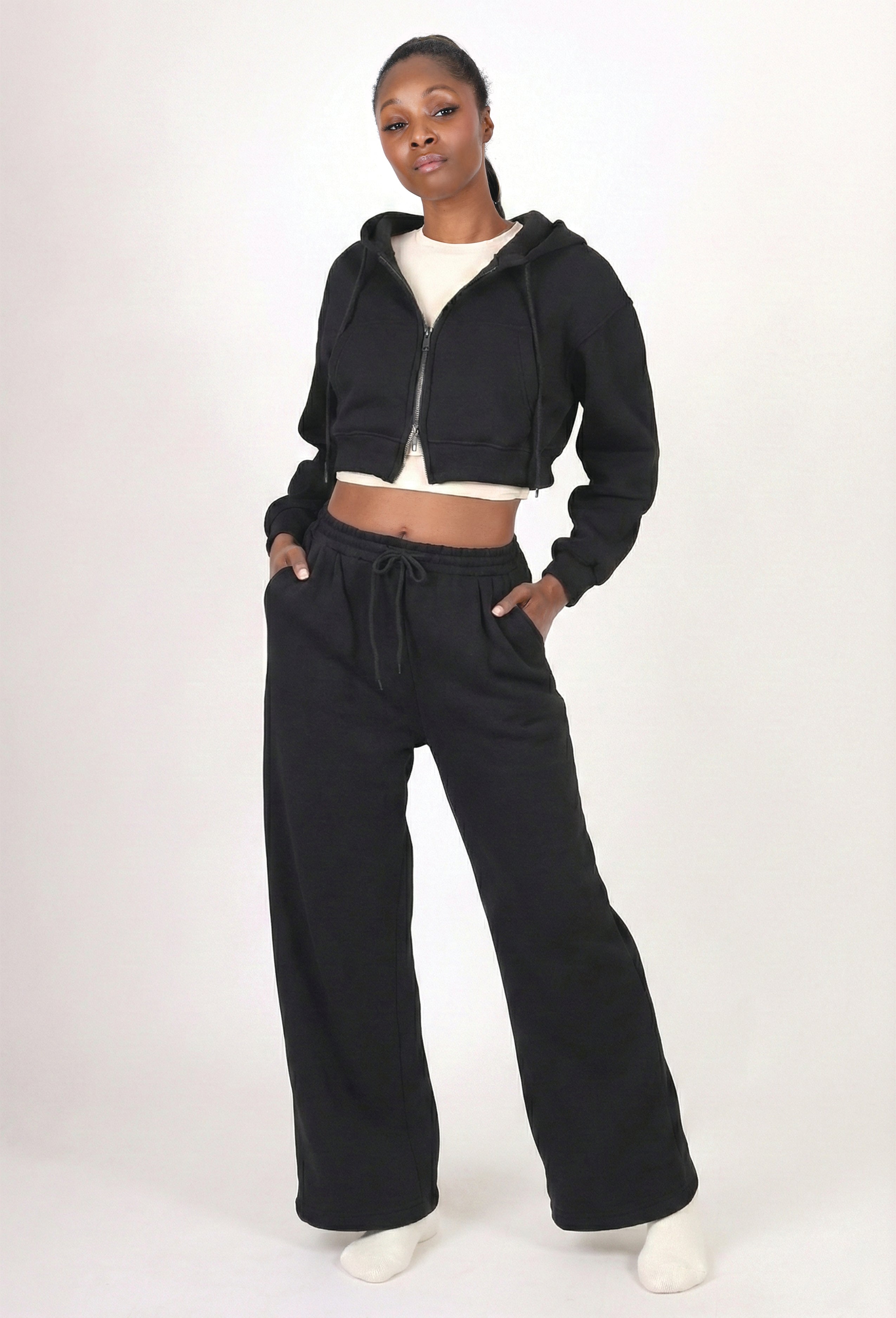 FLEECE CROPPED ZIP-UP HOODIE & WIDE PANTS SET