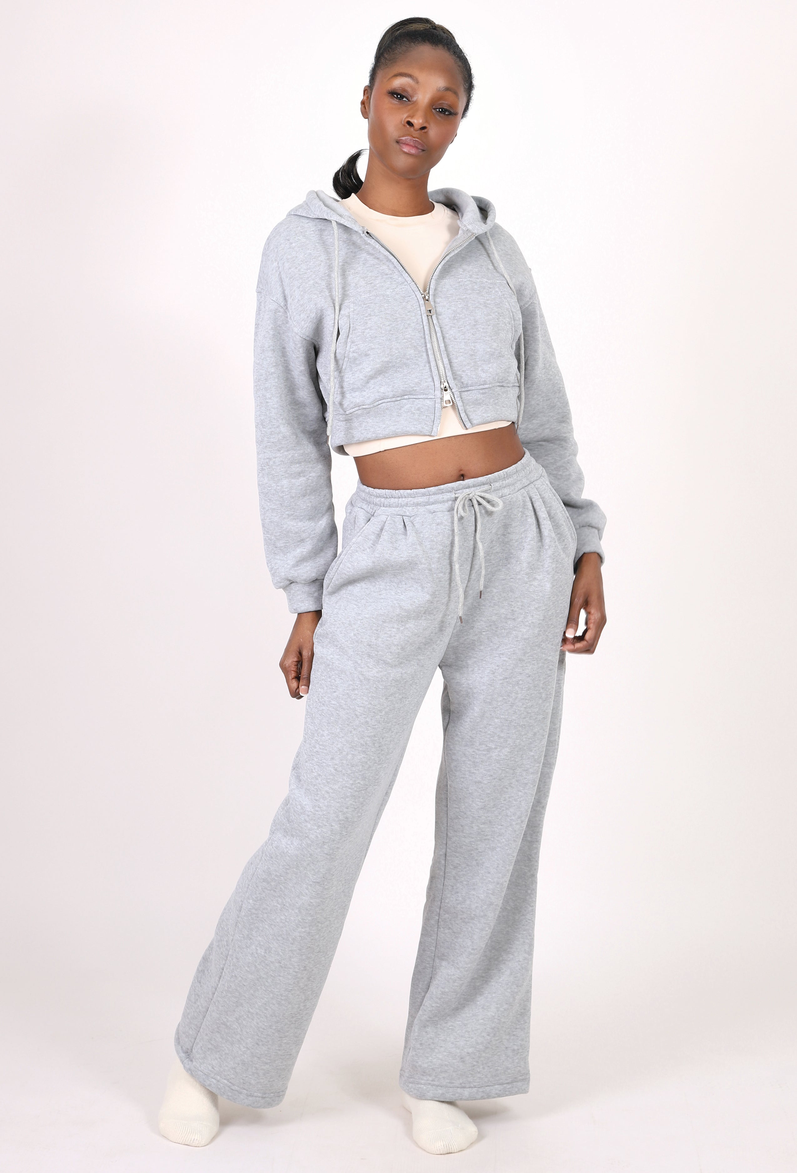 FLEECE CROPPED ZIP-UP HOODIE & WIDE PANTS SET