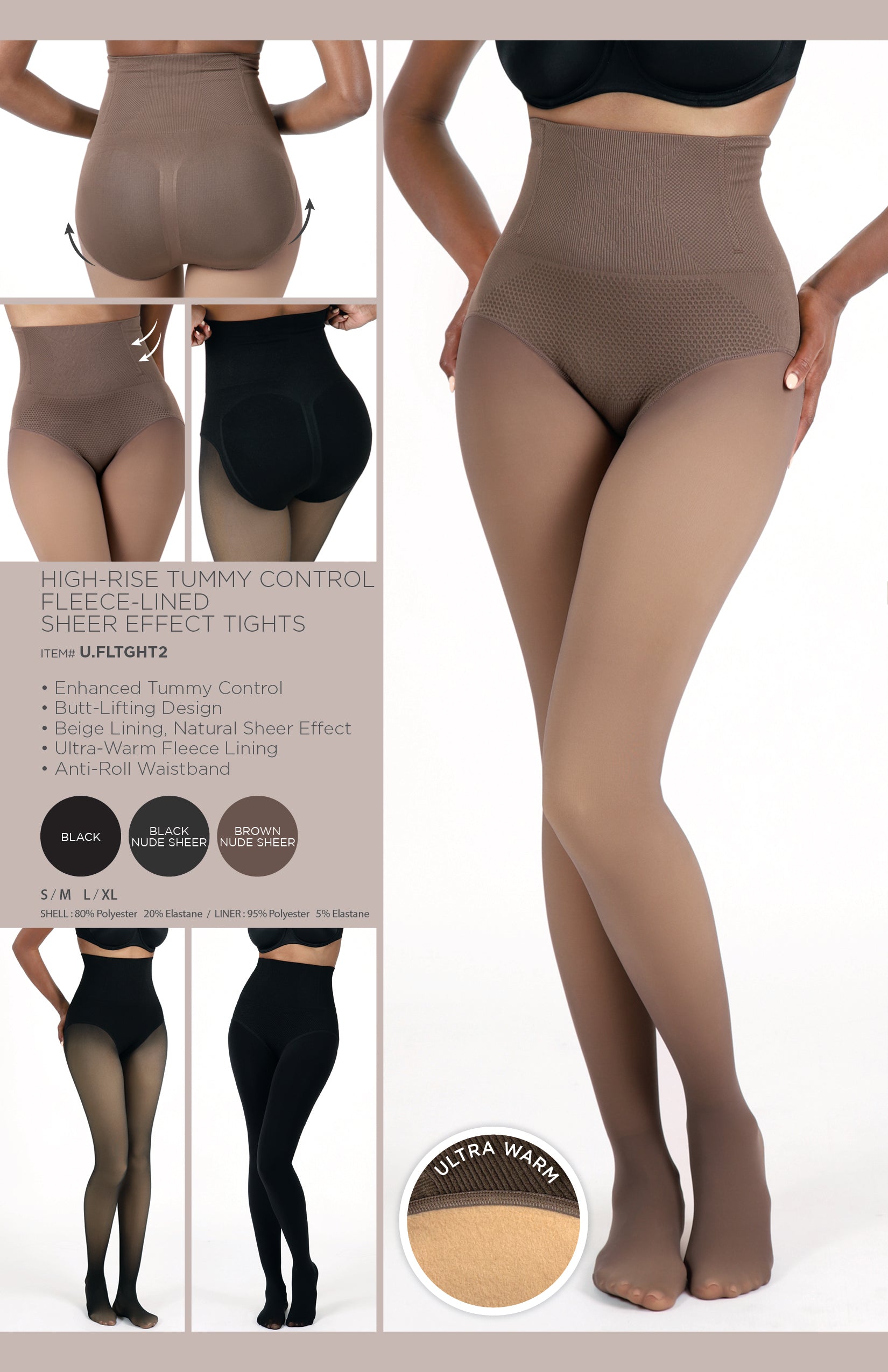 HIGH-RISE TUMMY CONTROL FLEECE-LINED SHEER EFFECT TIGHTS  •ULTRA WARM