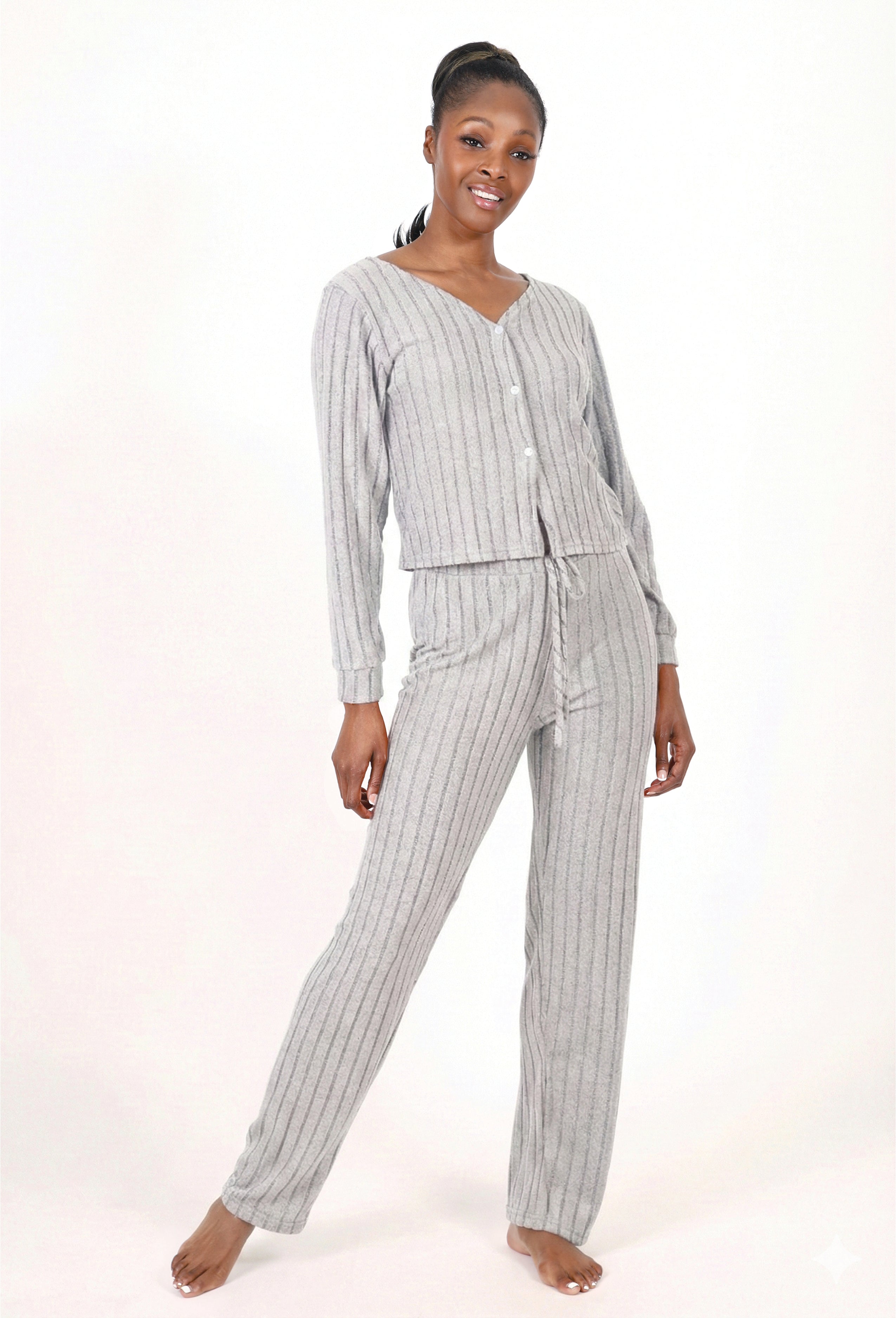RIBBED LONG-SLEEVE CROP TOP & PANTS LOUNGE SET