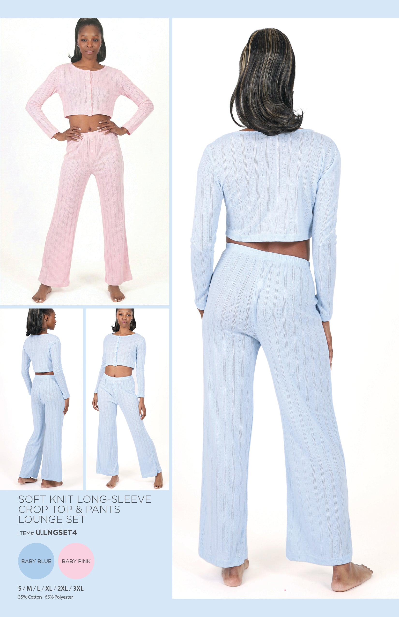 SOFT KNIT LONG-SLEEVE CROP TOP & PANTS LOUNGE SET